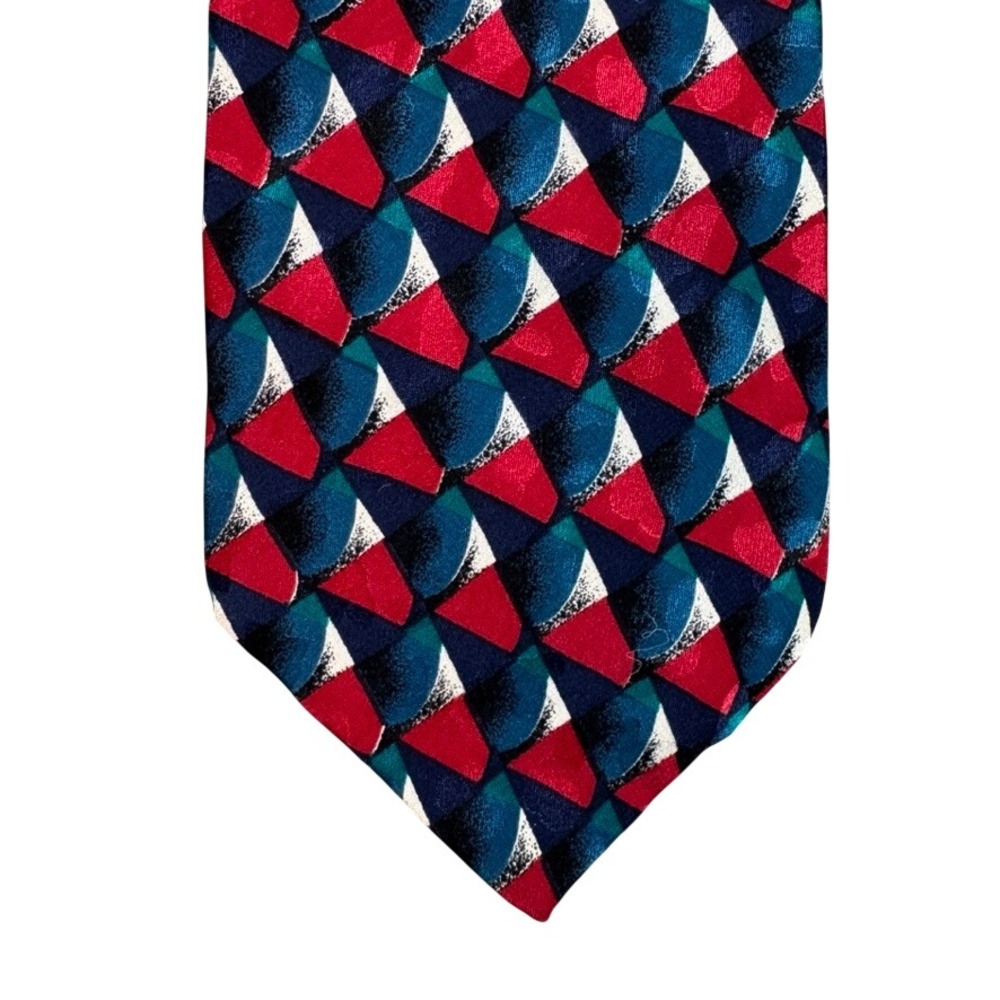 Milano Handmade All Silk Geometric Abstract Mosaic Necktie Red Navy Teal 58in